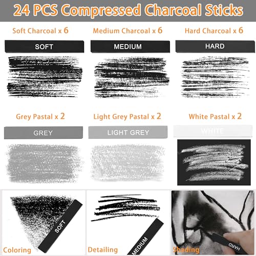 24 Pcs Compressed Charcoal Sticks, 24 Pcs Vibrant Colors Chalk Sticks for Drawing, Blending, and Shading