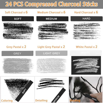 24 Pcs Compressed Charcoal Sticks, 24 Pcs Vibrant Colors Chalk Sticks for Drawing, Blending, and Shading