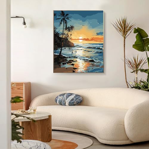 PRASIO Framed Paint by Numbers Kit for Adults Beginner, Beach Easy Adult Paint by Number Kits on Canvas Framed, DIY Acrylic Watercolor Oil Paint by Numbers with Frame for Gift Home Decor 16x20 Inch - color: XM-OP-F-Beach-4050
