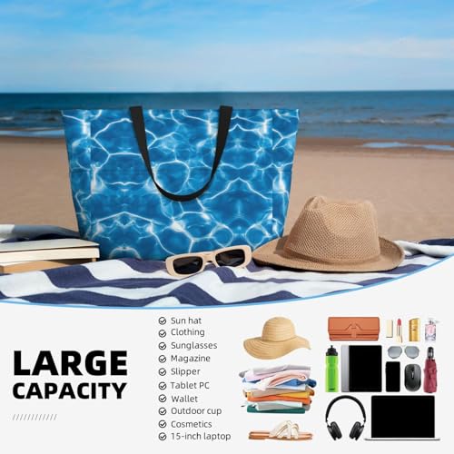 Large Beach Bag for Women Waterproof Foldable Travel Shoulder Tote Bag with Pocket for Weekender Pool Vacation - color: Water Blue