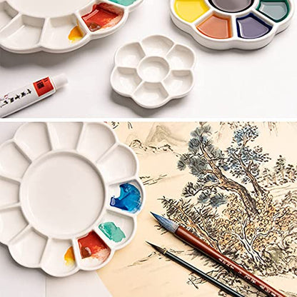 Set of 2 Ceramic Artist Paint Pallet,Tray,Palette,Easy to Clean Porcelain Mixing Tray for Watercolor Gouache Painting,White, 8 inch,Round, (LS007)