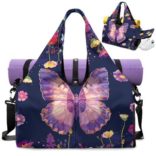 Yoga Mat Bag for Men Women Canvas Yoga Mat Carrier Take In Out Mat Easily for Beach Swim Bags Pool Sports Gym - color: Butterfly purple