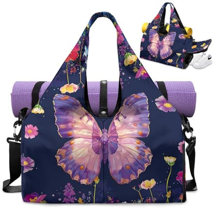Yoga Mat Bag for Men Women Canvas Yoga Mat Carrier Take In Out Mat Easily for Beach Swim Bags Pool Sports Gym - color: Butterfly purple