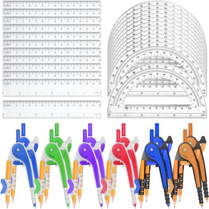 36 Pack Math Compass & Protractor Geometry Math Plastic Ruler Set Drawing Compass with Pencils 6 Inch Plastic Protractor for Geometry Bulk for Office Woodworking Art Drawing - style: 36 Pack