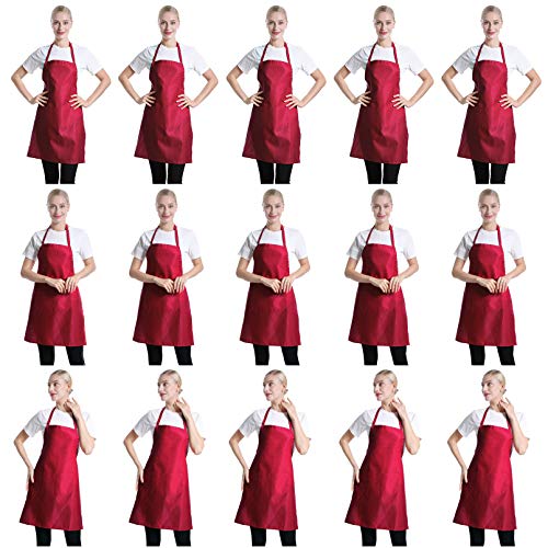 Total 15 PCS Deep Red Plain Deep Red Bib Apron for Women Men Adult with 2 Front Pockets-Painting Baking Cooking Kitchen Apron for Women Girls-(Wine,15pcs) - color: Deep Red-15pcs