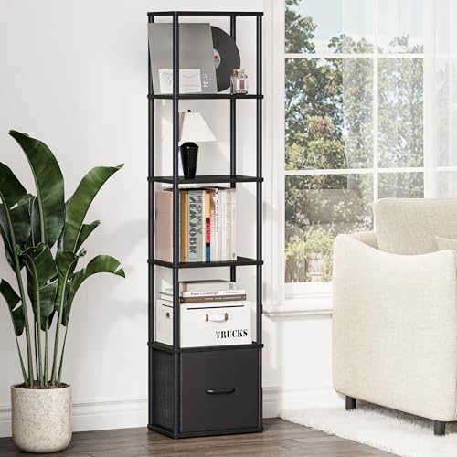 6-Tier Bookshelf with Drawer, Narrow Bookshelves Organizer, Floor Standing Ladder Shelf, Tall Bookcase for Small Space, Book shelf with Storage for Living Room, Bedroom, Office, Study Black HBC505B - color: Black