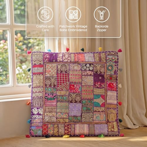 THE ART BOX Cotton Patchwork Vintage Boho Embroidered Floor Pillows & Cushion Cover Dog Pouf Seating Pouf Meditation Pillow Pet Bedding Cat Bed Boho Home Décor (35x35 Inches, Cover Only) - color: Purple