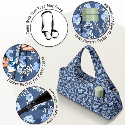 Yoga Mat Bag for Women Men Large Yoga Bag Travel - color: Blue Flowers