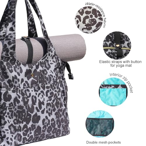 ESVAN Yoga Tote Bag Mat bag Women Shoulder Bags Carryall Tote for Travel Office Workout Gym Nurse Beach - color: Canvas Black Leopard Print