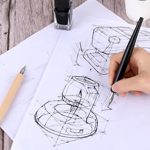 12PCS Comic Pen Nibs Set, Oblique Calligraphy Dip Pen Nib Holder with Stainless Steel Replacements for Writing, Signing, Painting - color: Wood+Black