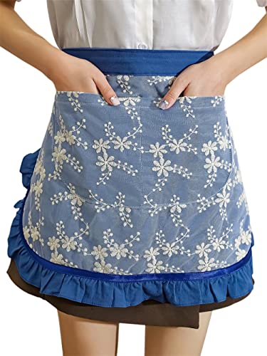 Unisex Chef Aprons White Retro Cotton Maid Short 2 Pockets Waist Waiter Waitress Half Apron - color: Blue-embroidered