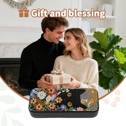 FlyingMage 5D Diamond Art Painting Kit for Adults Beginner, Small DIY Diamond Dots Gem Art Painting Mosaic Kits, Cute Hard Shell Sunglasses Eyeglasses Glasses Case for Women Teen, Flower Cat - color: Orange Cat