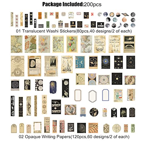 Esweny 200PCS Vintage Scrapbooking Supplies Kit for Journaling, Scrapbook Sticker Paper Pack for Junk Journal Planners Aesthetic Cottagecore Room Decor Wall Art Collage Album - style: Celestial