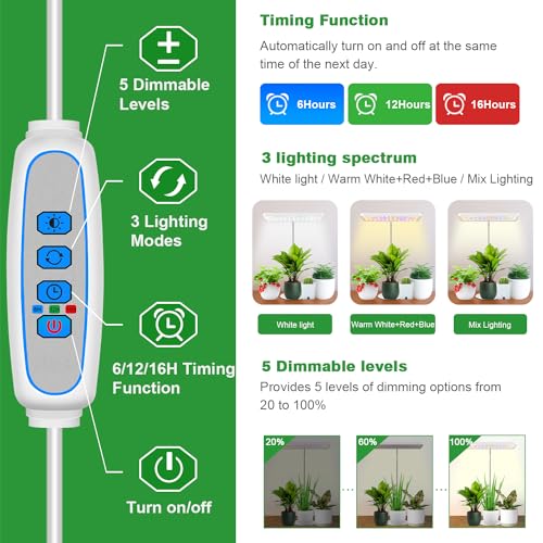 Wiaxulay Grow Light, 11in Full Spectrum Desk Plant Light for Indoor Growing | 78LEDs Grow Lamp with Auto Timer 6/12/16 Hrs, 3 Lighting Modes, 5 Dimmable Levels, Height Adjustable 7.8"-26" for Seedling - size: 1 Pack(White)
