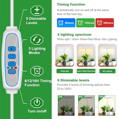 Wiaxulay Plant Grow Light, 11in Full Spectrum for Indoor Plants with Base | Desk Growing Lamp with Metal Base, 7.8-26in Adjustable, 6/12/16H Timer, 3 Lighting Modes, 5 Dimmable Levels for Small Plants - size: 2 Pack(White)