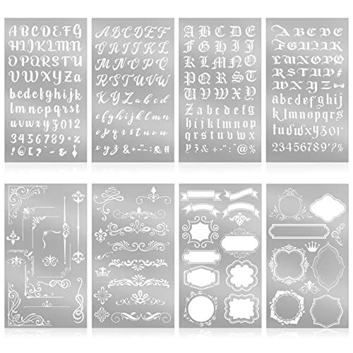 Lewtemi 8 Pcs Metal Stencils Alphabet Frames for Journal,Stylish Style | Stainless Steel Reusable Templates with Numbers Borders, For Scrapbooking Painting Wood Engraving Carving DIY Crafts - style: Stylish Style