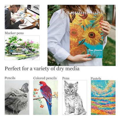 2 Pack Aesthetic Kids Spiral Cute Sketch Book,98lb/160gsm Acid Free Thick Paper Van Gogh A4 Blank Mixed Media Journal Art Sketchbook Artist Drawing Book Paper Painting Sketching Pad - color: Almond Blossoms Sunflowers A4