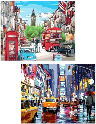QUITEDEW 2 Pack Paint by Number for Adults,Scenery Paint by Numbers, Times Square Paint by Numbers for Adults Suitable for Home Wall Decoration 16x20 Inch. - color: B4-scenery