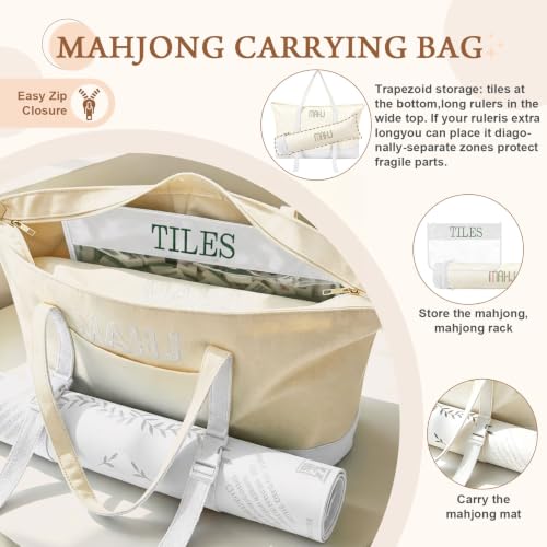 Mahjong Bag Storage Carrying Case for Tiles with Shoulder Strap (Beige) | 3-Bag System, External Mat Strap, Large Capacity, Lightweight Canvas, Reinforced Stitching, Fast Packing. - color: Beige