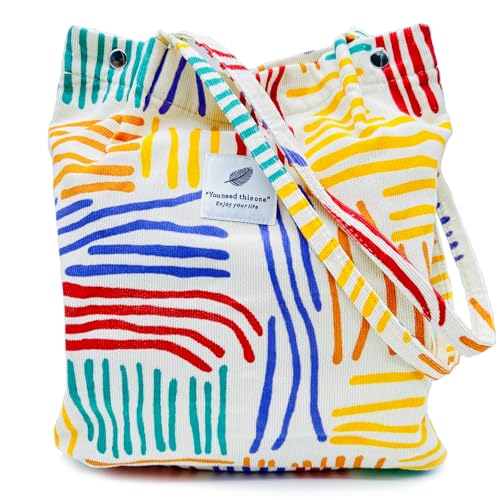 Aphoraeny Corduroy Tote Bag for Women Cute Totes Shoulder Bag with Inner Pocket for Work Beach Shopping Travel Grocery - color: Color Stripes