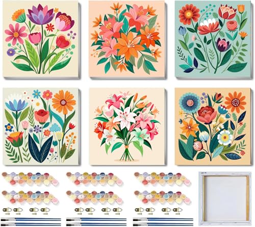 SYDYLH 6 Pack Paint by Numbers Kit with Frame, Easy Acrylic Painting for Kids & Adults, Flowers Paint by Number for Ages 6-12, 8x8 Inch DIY Art Set for Home Wall Decor - color: Flowers Paint By Numbers with Framed 6-pack-2, size: 8''x8''-with Framed