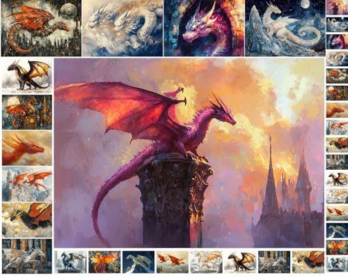 Decoupage Paper Pack (35 Sheets 6"x8") Regal Fantasy Dragons ~ Powerful Dragons in Fiery Reds, ICY Whites, and Twilight Tones, Captured mid-Flight in Epic Fantasy Illustration Painterly Richness - color: Four
