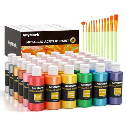 AnyMark Metallic Acrylic Paint, 36 Colors Acrylic Paint Set with 12 Brushes | Art Kit Painting Supplies for Adults Canvas, Rock, Wood and Fabric, 2 fl oz/60ml Bottles - color: Metallic