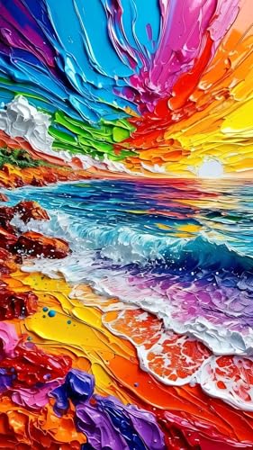 ARTGOTO Large Paint by Numbers for Adults Rainbow Ocean Sunset | 15.7x27.5inch/40x70cm Paint by Number Kit on Canvas, Colorful Beach Wave Acrylic Painting Set with Brushes, No Frame - color: PBN056
