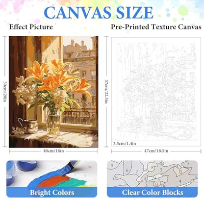 ZRIZQ Flowers Paint by Numbers Kit for Adults Beginner,City Scape,16x20 | Full set with wooden brushes,rolled canvas,rich paints.Calming activity.Beginner friendly.Just open and paint. - color: 16"X20"Rolled Canvas-Floral