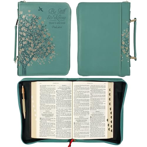 Christian Art Gifts Faux Leather Bible Cover: Be Still & Know Teal Floral | Psalm 46:10 Bible Verse, Handle, Sleeves, Pocket Storage, Pen Loops, Zipper, Encouragement Gifts for Women, Medium - size: Medium