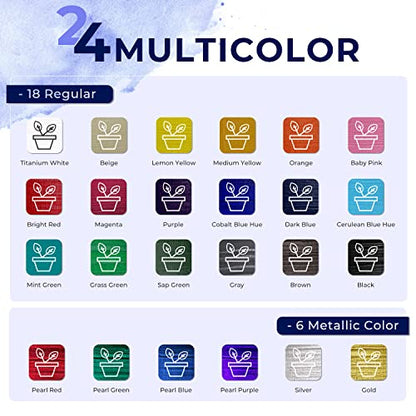 Ohuhu 24 Colors Outdoor Acrylic Paint Set, 2 oz./60ml Bottles for Artist | Beginners 18 Basic& 6 Metallic Acrylic Paints with 6 Brushes for Drawing, Waterproof Rich Pigments on Garden Statues, Woods