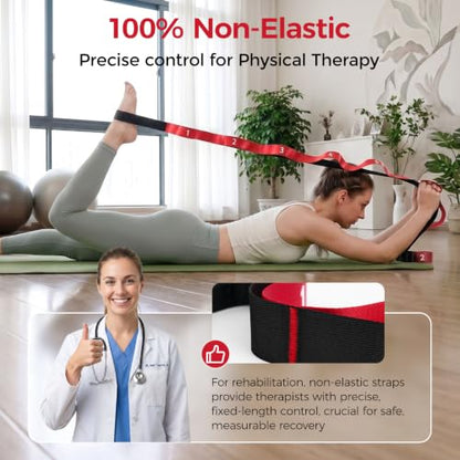 Slim Panda Stretching Strap with Loops - Non-Elastic Heavy Duty Nylon Yoga & PT - Oversized Multi-Loop Home Rehab - Hamstring Shoulder Pilates Flexibility - color: Red