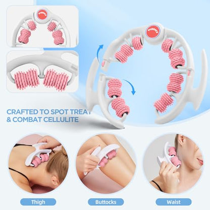 Cellulite Massage Tool - Lymphatic Drainage Massager - Muscle Roller, Deep Fascia Massage, Dimpled Skin Removal, Legs/Thighs/Buttocks, Anti-Cellulite Roller, Smooth Skin (14 Wheel - Pink) - color: White Pink