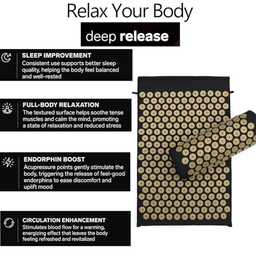 Acupressure Mat and Pillow Set for Back/Neck Pain Relief and Muscle Relaxation (Black/Gold)