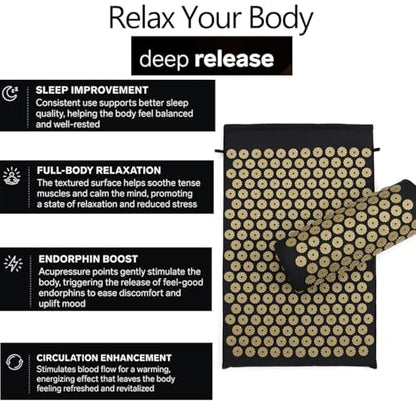 Acupressure Mat and Pillow Set for Back/Neck Pain Relief and Muscle Relaxation (Black/Gold)