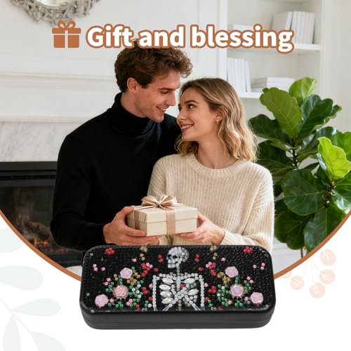 FlyingMage 5D Diamond Art Painting Kit for Adults Beginner, Small DIY Diamond Dots Gem Art Painting Mosaic Kits, Cute Hard Shell Sunglasses Eyeglasses Glasses Case for Women Teen, Flower Skull - color: Black Skull
