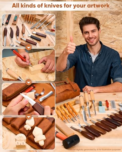 SakerNeo 25-Piece Wood Carving Kit Whittling Kit with Leather Storage Bag | Wood Carving Tools wood carving set Includes Gouges, Chisels, Knives – Ideal Woodworking Set for Beginners & DIY Gift - color: Brown 25pcs