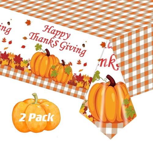 2 Pack Happy Thanksgiving Tablecloth, Fall Pumpkin Maple Leaves Plastic Table Cloth Autumn Disposable Rectangle Plaid Table Cover for Thanksgiving Day Tables Decor Party Decorations, 54x108 Inch - color: Orange