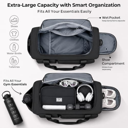 FIORETTO Women's Gym Duffle Bag with Shoes Compartment, 30L Capacity, Ideal for Travel, Gym, Sports, Duffel, Weekender - color: Black, style: Gym Bag With Toiletry Bag
