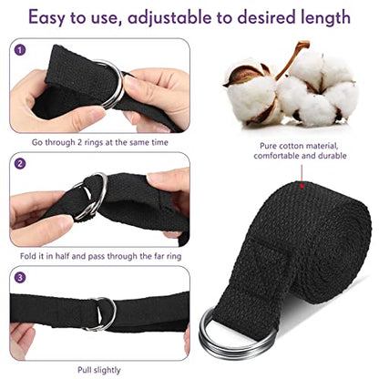 Jerify Yoga Strap for Stretching Bulk 6ft Exercise Stretch Band with Metal D Ring Adjustable Pilates Non Elastic Yoga Belt for Women Men Physical Fitness Gym Workout Dance - color: Black