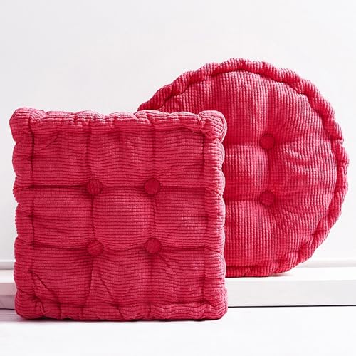 Rose Red Corduroy Floor Seat Pillows Cushion Large Square and Round Floor Cushions for Adults 2 Pack Meditation Floor Pillow for Living Room Balcony Tatami Yoga,18x18 Inch - color: Rose Red