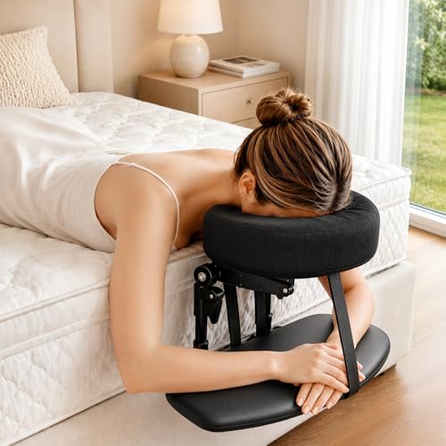 Massage Headrest for Bed, Adjustable Massage Face Cradle at Home, Portable Massage Table Kit for Sleeping Mattress, Face Down Pillow for Face Support & Post Eye Surgery Recovery（with Armrest Shelf ） - color: absolute black