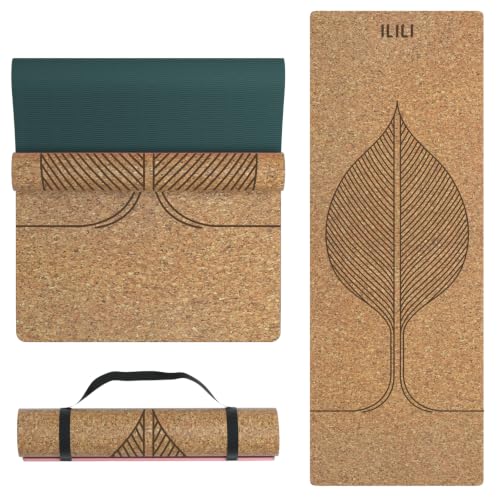 ILILI Cork Yoga Mat Eco-Friendly 1/4 Inch Thick | 72"×26" Natural Cork TPE Exercise Mat, 2 lbs Lightweight Non Slip Mat for Hot Yoga and Gym Workout, Carry Strap - color: Cork+Dark Green