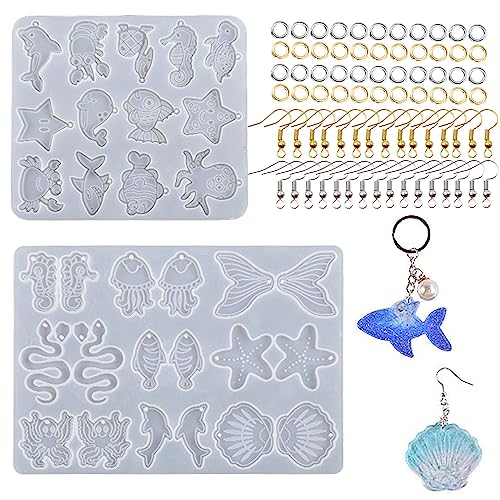 Attuslla 2 PCS Resin Earring Molds Ocean Series Pendant Resin Molds Silicone Jewelry Silicone Resin Molds Making Kits with Ear Hooks, Jump Rings for DIY Earrings, Necklace, Pendant Supplies - color: Style 2