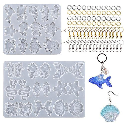 Attuslla 2 PCS Resin Earring Molds Ocean Series Pendant Resin Molds Silicone Jewelry Silicone Resin Molds Making Kits with Ear Hooks, Jump Rings for DIY Earrings, Necklace, Pendant Supplies - color: Style 2
