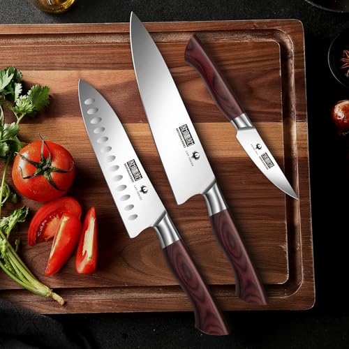 HOSHANHO 3PCS Kitchen Knife Set, Ultra Sharp Chef/Santoku/Paring Knives | Professional Japanese High Carbon Steel Cooking Knife Set with Ergonomic Wood Handle, Ideal Gift for Family and Restaurant - size: 3 Pieces Knife Set