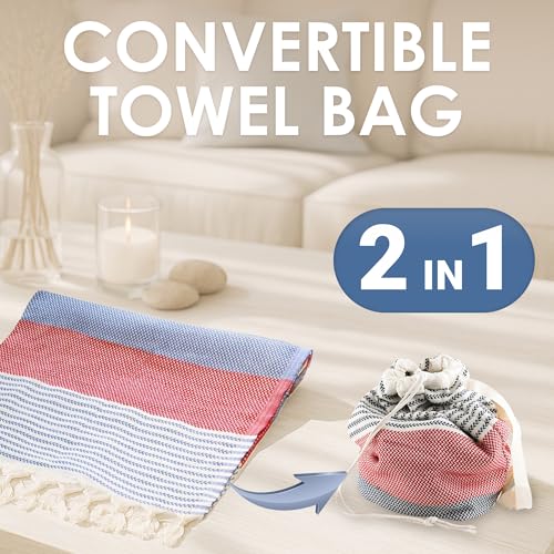 ATANI Turkish Beach Towel, Converts to a Bag, Oversized 100% Cotton Bath Towels Lightweight Quick-Dry Beach Blanket for Travel, Picnic, Camping, Yoga and Pool (Red x Navy Blue, 71 inc x 39 inc) - color: Red X Navy Blue, size: 71 inc x 39 inc