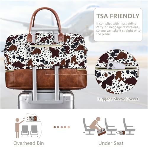 Large Women Travel Weekender Bag: Carry on Duffle with Shoe Compartment | Overnight Duffel Bags with Wet Pocket, Crossbody & Toiletry Bag, 3PCS Womens Traveling Tote Set for Hospital Gym Weekend Trip - color: Brown Cow Print