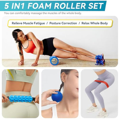Krightlink 5 in1 Foam Roller Set High Density Foam Roller Muscle Recovery - color: Deep Blue