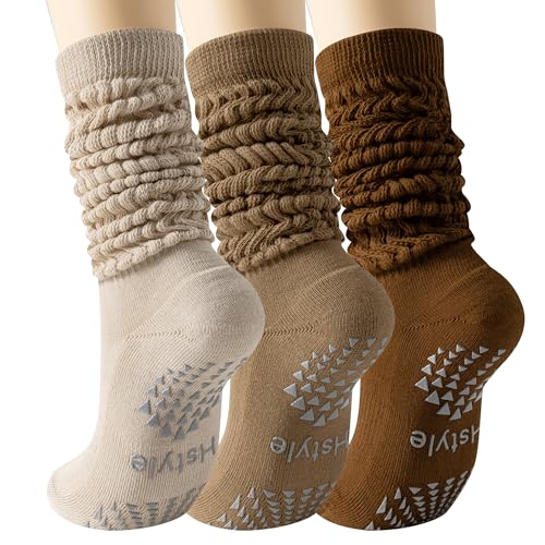 Hstyle Grip Pilates Socks for Women, Slouch Scrunch Yoga Barre Socks - color: 3 Pairs Maillard